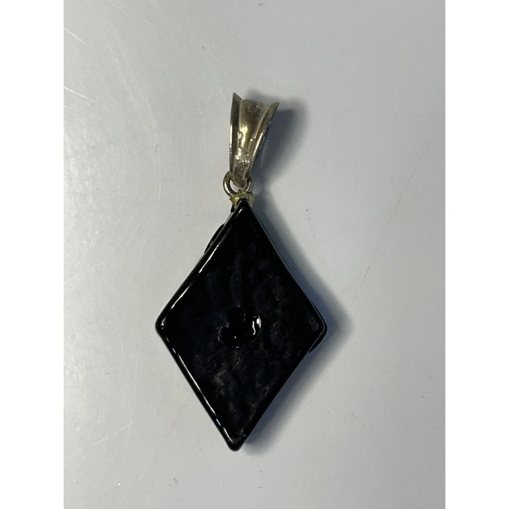 Estate Black Trapezoid Fused Art Glass w Blue Swirl 925 Pendant‎ Charm Vtg